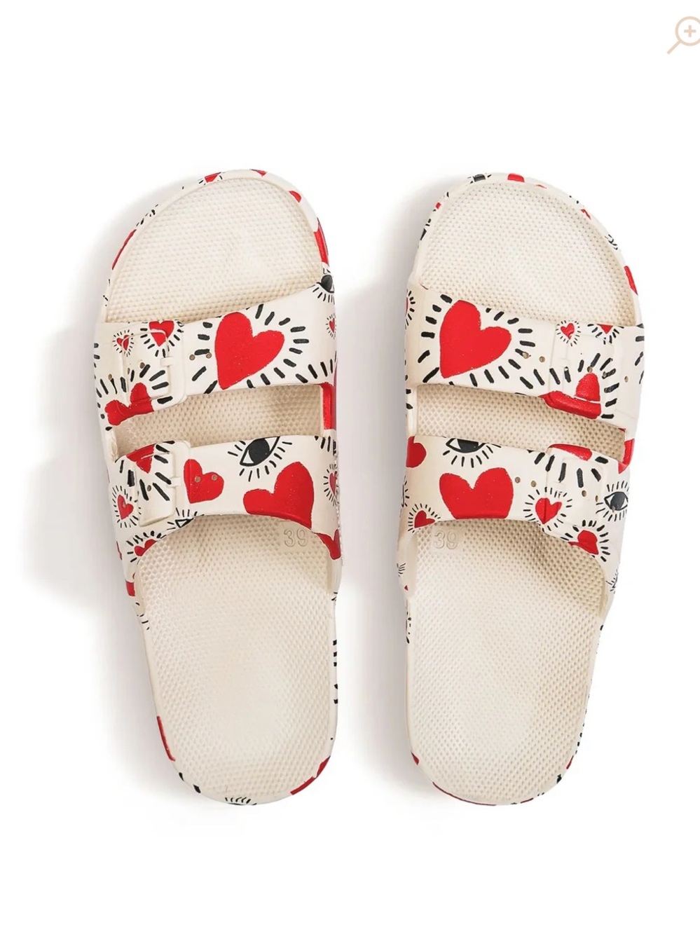 Freedom Moses “I Luv” heart and eyes patterned slides, size 38-39